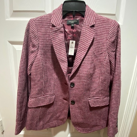 TALBOTS SHETLAND PINK WOOL BLAZER HOUNDSTOOTH - Picture 6 of 13